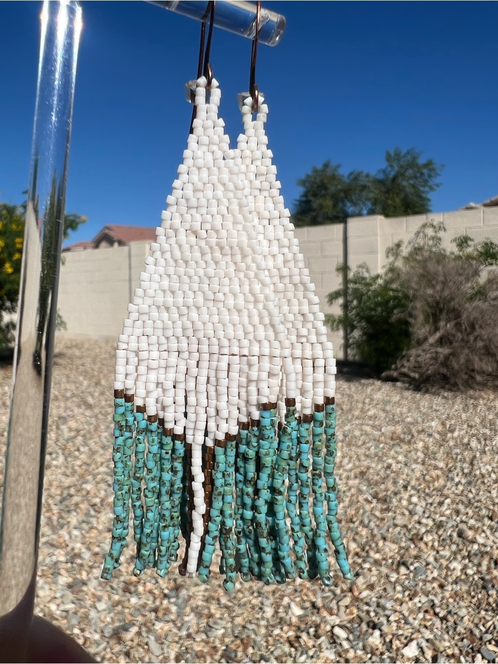 Handmade Beaded Fringe Earrings in White & Turquoise